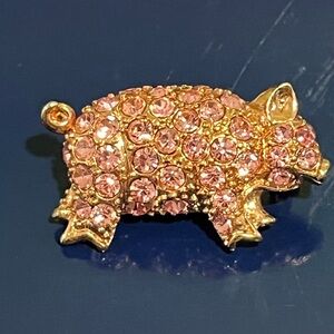 Pink Jeweled Pig Brooch Gold Pin Animal Vintage Costume Jewelry 1.25” X .75”